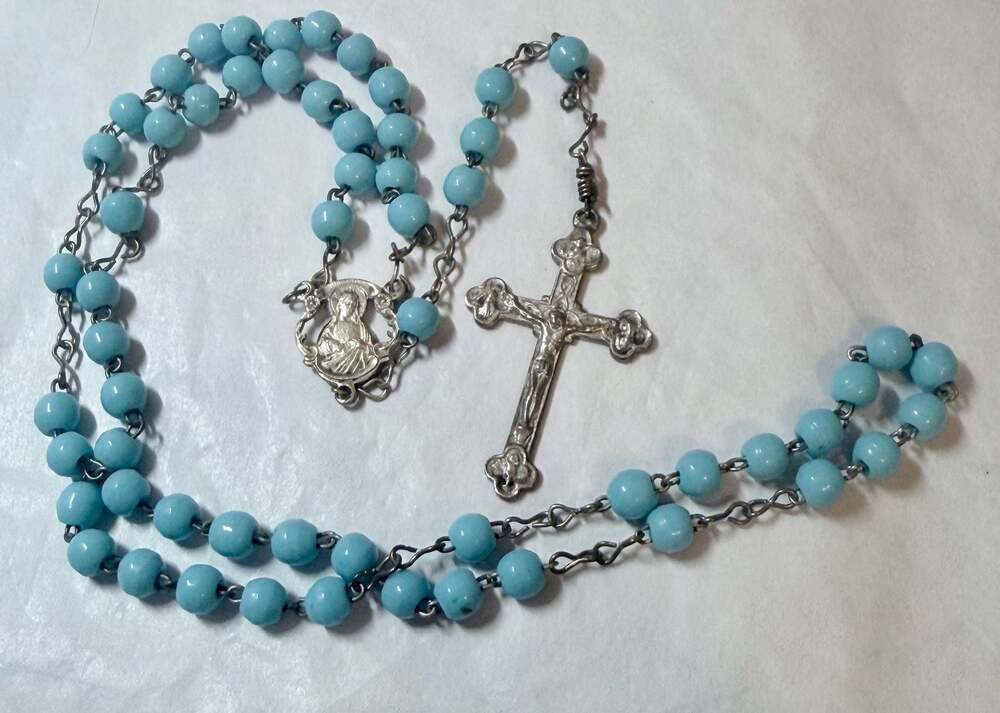 Vintage Rome Italy Blue Larimar Catholic Heirloom Handmade Rosary 15"
